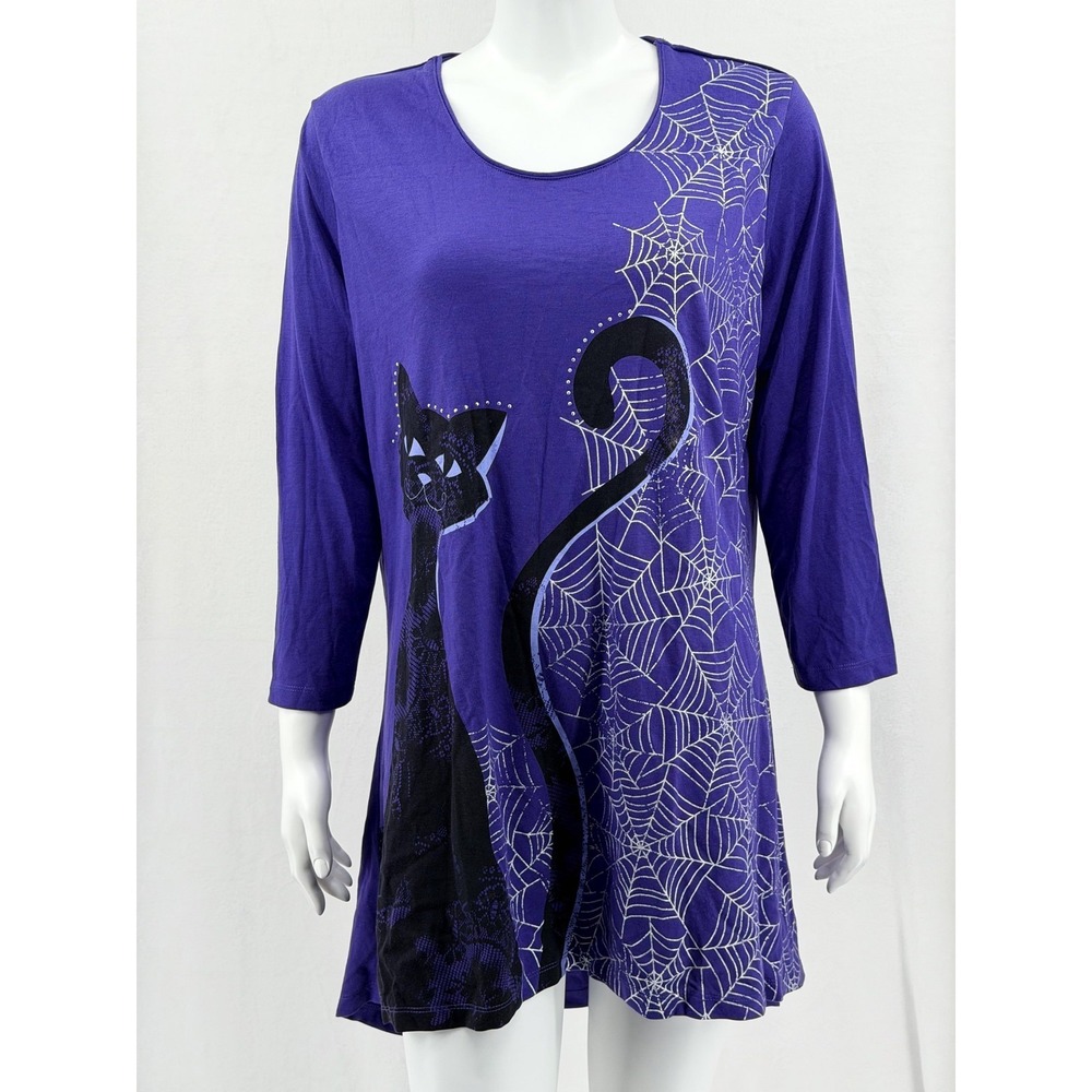 Knithaus Top Womens 1X Purple Cat Spider Web Tunic Halloween Spooky 3/4‎ Sleeves